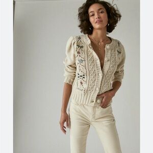 Lucky Brand Cream Knit Cardigan with Floral Embroidery